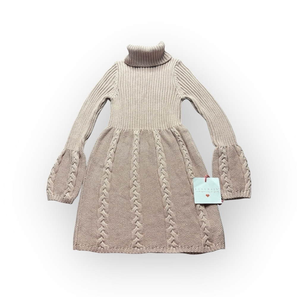 LULURAIN Girls Knit Sweater Dress Turtleneck Beige Cable Knit Size 8